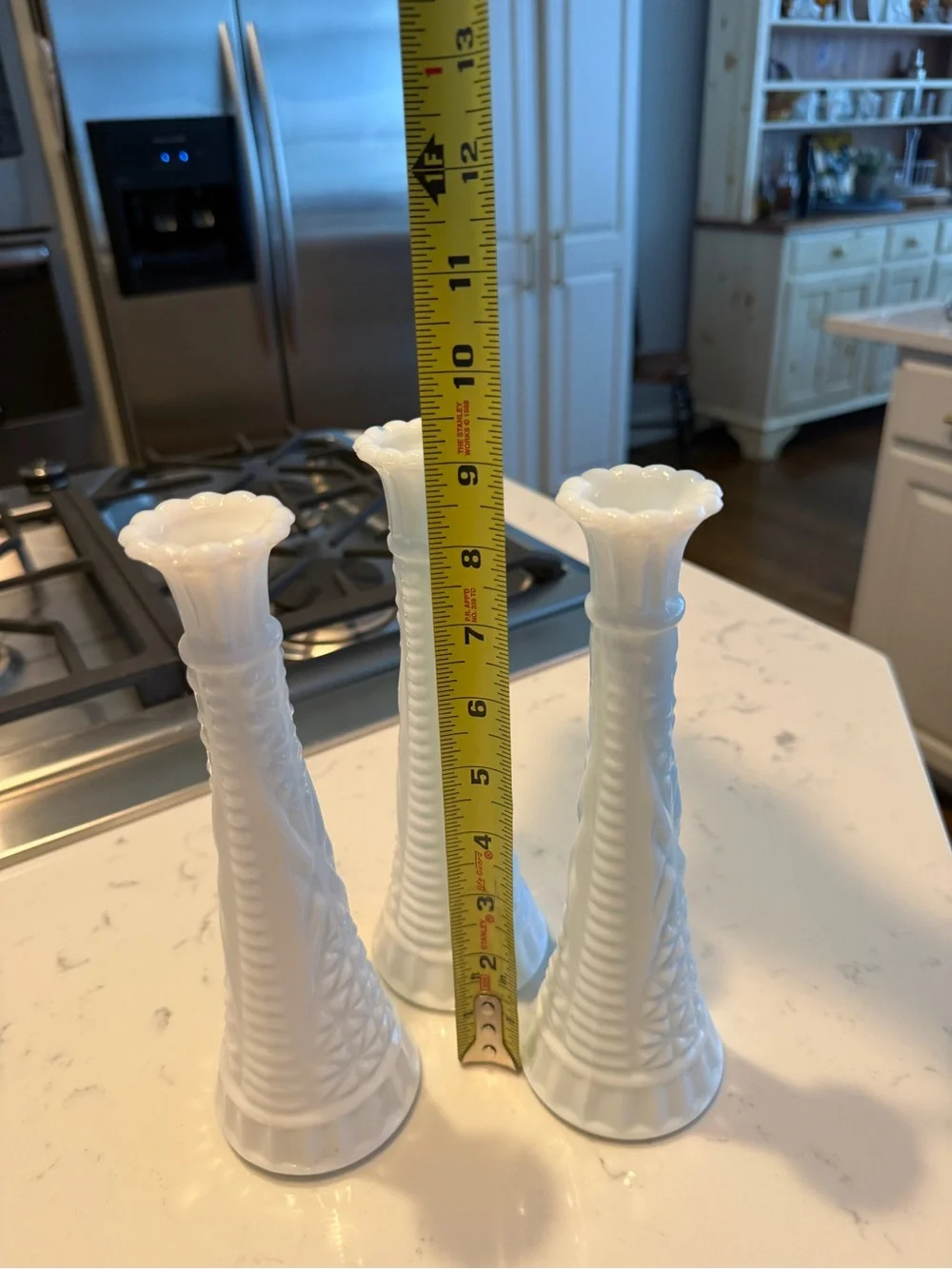 Vintage White Milk Glass Bud Vases Set of 3 Starburst Scalloped 9.5”